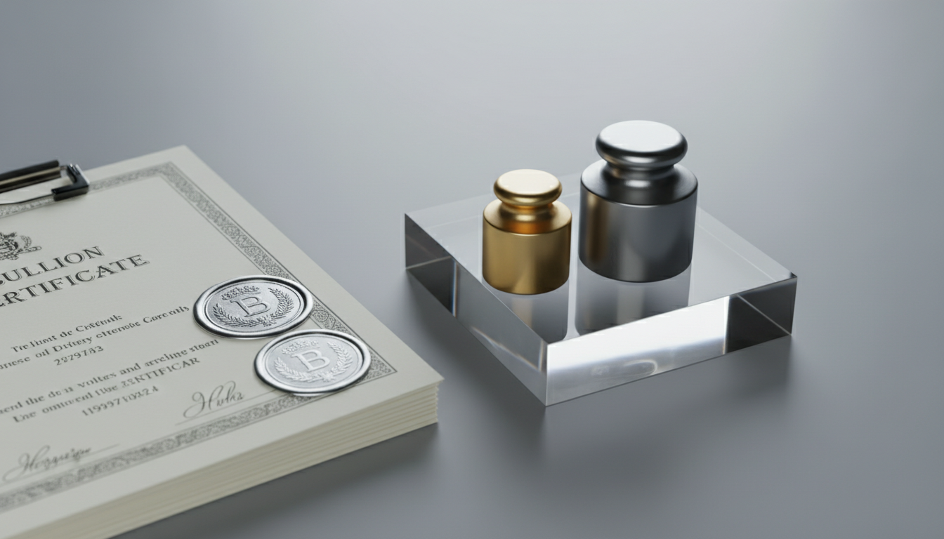 A highly detailed, macro-level shot of an auditor’s workspace featuring a duo of brushed gold and rhodium balance weights precisely positioned on a crystal-clear acrylic tray, adjacent to neatly cataloged bullion certificates with embossed silver seals. Set against a soft-gray matte background, the scene is under cool, overcast lighting, which creates soft highlights on metallic and paper textures. The mood is measured and trustworthy, evoking the meticulous care required in bookkeeping for coin dealers. Shot dead-center with sharp focus throughout, the clean, modern photographic style echoes the site’s precious metal theme and structured business personality.