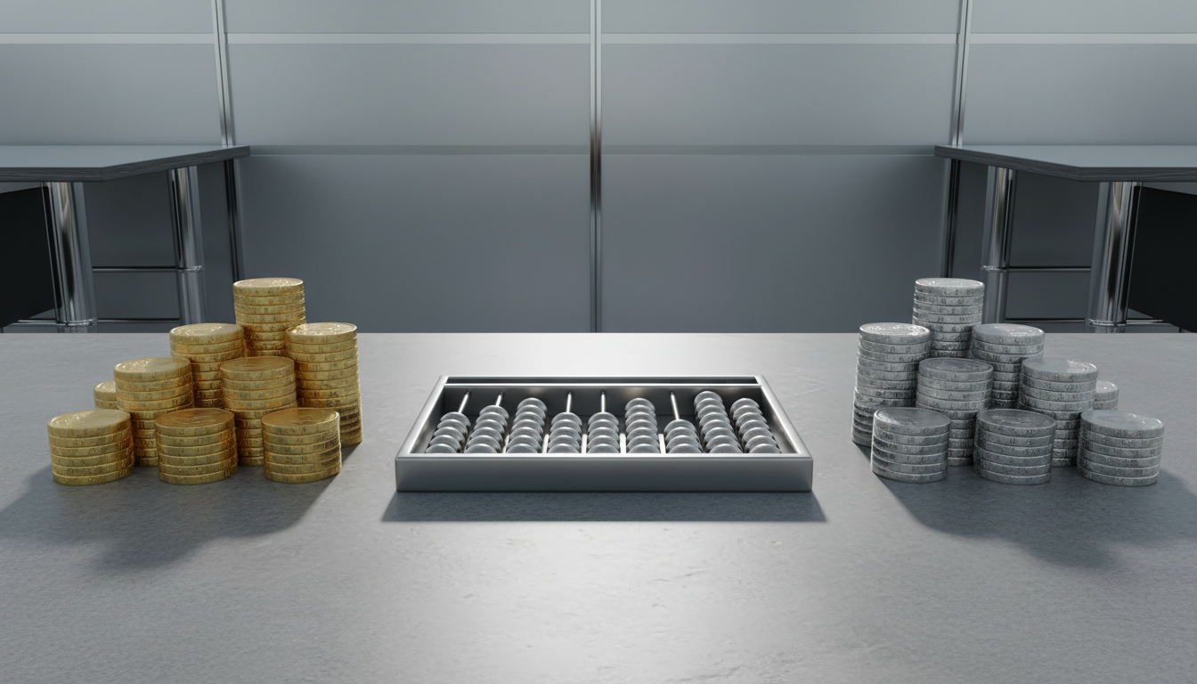 A meticulously organized desk featuring a refined brushed stainless steel abacus and stacks of precision-cast gold and silver coins arranged in orderly columns atop a smooth, slate-gray desktop. The environment is a minimalist office with a backdrop of matte glass partitions and hints of polished chrome accents. Soft studio lighting highlights the metallic surfaces, creating crisp reflections and subtle shadows for a sophisticated and professional mood. Captured from a slightly elevated perspective with sharp focus and a structured, symmetrical composition. The mood is calm, controlled, and distinctly corporate, embodying photographic realism and a clean, modern aesthetic that underscores precise bookkeeping in the coin dealing industry.