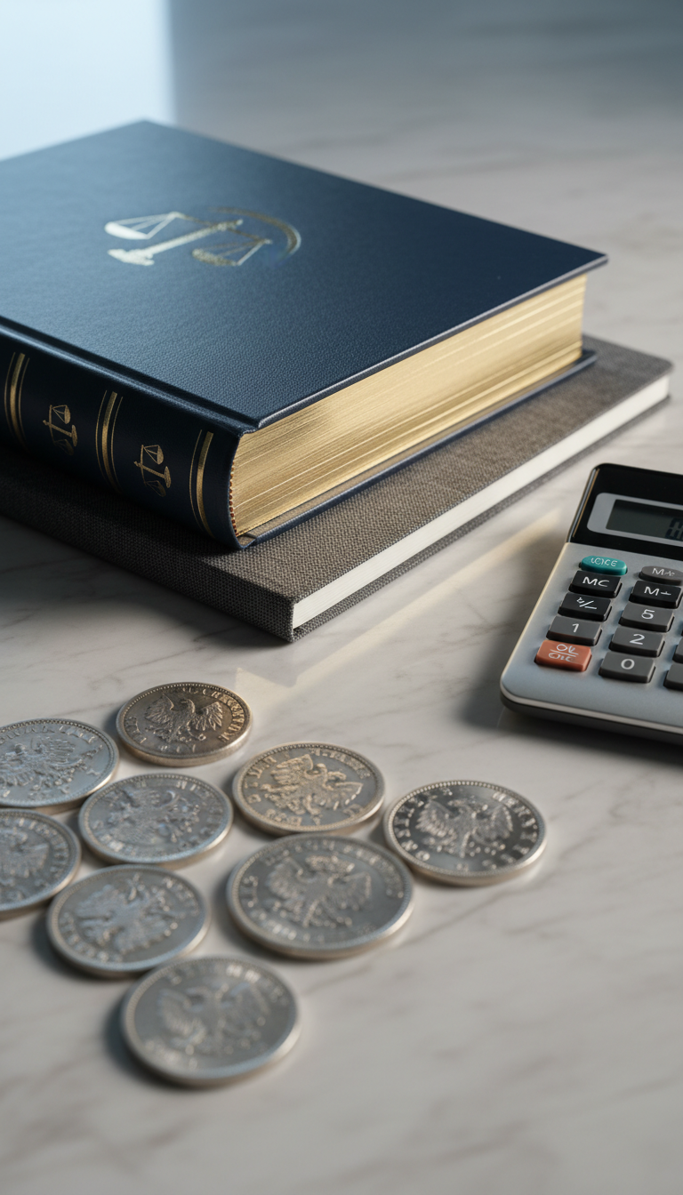 A close-up composition of an elegant ledger book with metallic gold-embossed edges resting atop a textured charcoal notebook. In the foreground, gleaming silver coins intricately detailed lay in deliberate patterns alongside a sleek, matte silver calculator. The backdrop is a neutral-toned, marble desktop with clean lines and a faint reflection. Diffused, cool-toned studio lighting softly illuminates the scene, creating gentle highlights on the metals and paper. The effect is structured and deliberate, evoking an air of expertise and trusted professionalism. Captured at a low, front-facing angle with a shallow depth of field, the artistic style is photographic, refined, and ideal for a high-end bookkeeping brand supporting coin dealers.