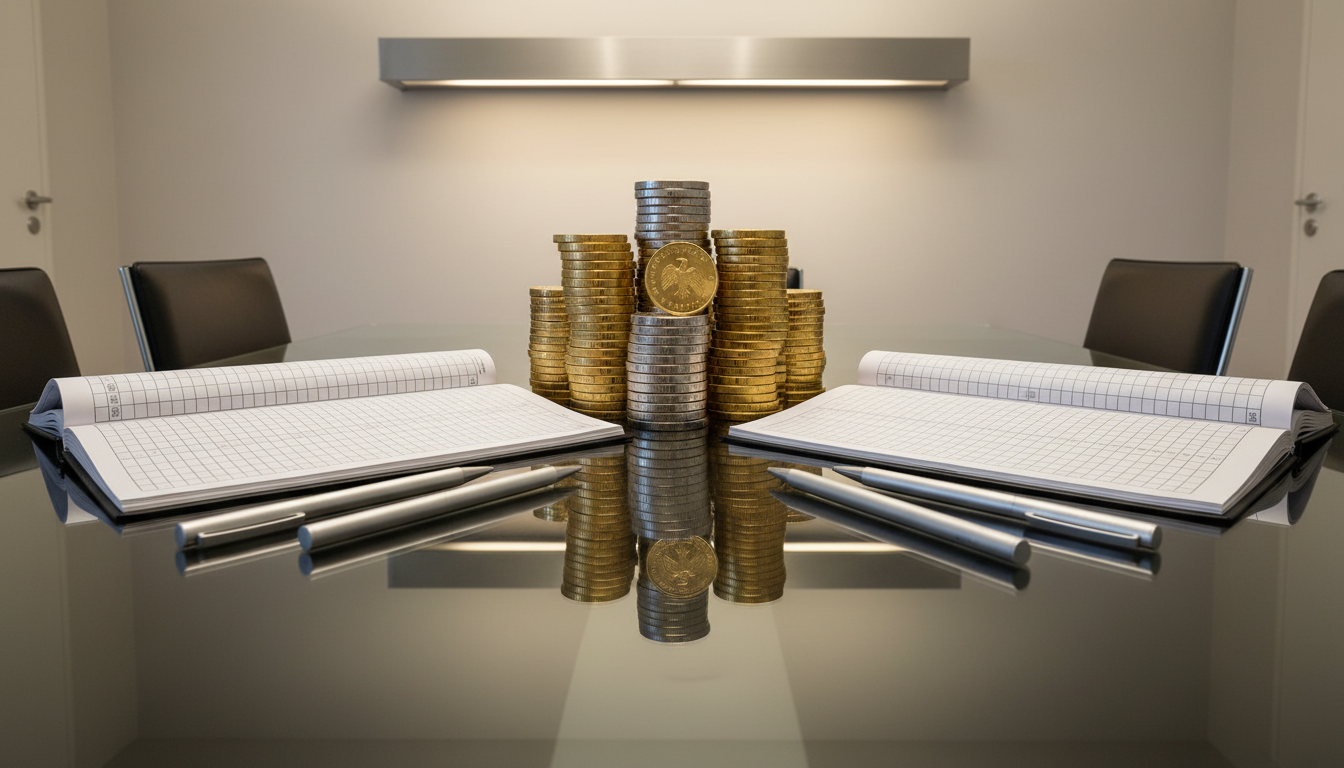 Stacks of precision-minted gold and platinum coins arranged on a mirrored, glass-topped conference table in a contemporary boardroom setting. Around the coins, structured silver account ledgers and a set of uniformly aligned, metallic pens create a balanced arrangement. Neutral-toned walls and a brushed steel light fixture form the backdrop, with soft, even artificial light casting subtle highlights and shadows. The atmosphere is highly professional and businesslike, showcasing attention to detail. Framed with a wide-angle lens at table height for depth, the composition emphasizes order and clarity. The photographic, corporate aesthetic visually communicates the specialized focus of precious metal-themed bookkeeping.