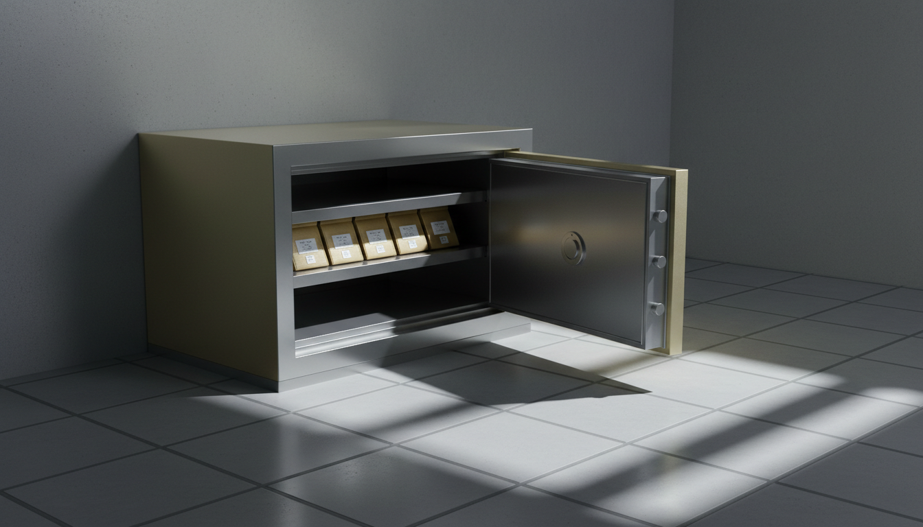 A sleek, minimalist safe deposit box—its surface a smooth blend of frosted gold and brushed nickel—set partially open inside a modern corporate vault room. Inside, a row of labeled coin sleeves stamped with foil seals lines the structured interior, hinting at organized precious metal assets. The environment features stark, neutral walls and a geometric grid pattern on the floor beneath. Cool, diffuse studio lighting casts gentle, linear shadows, reinforcing a mood of security and professionalism. Captured from a three-quarter angle at eye level, the composition uses strong horizontal and vertical lines in a photographic, corporate visual style, underscoring the site’s trustworthy bookkeeping focus.