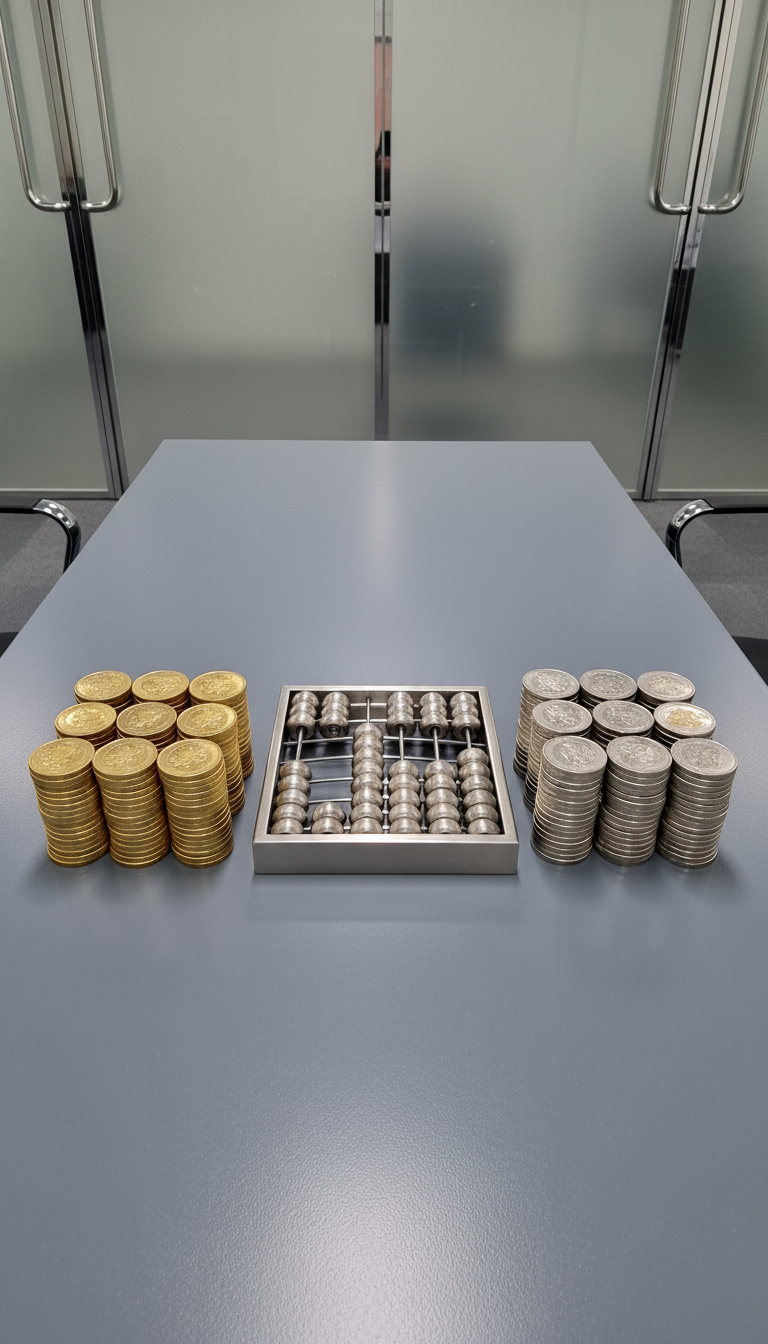 A meticulously organized desk featuring a refined brushed stainless steel abacus and stacks of precision-cast gold and silver coins arranged in orderly columns atop a smooth, slate-gray desktop. The environment is a minimalist office with a backdrop of matte glass partitions and hints of polished chrome accents. Soft studio lighting highlights the metallic surfaces, creating crisp reflections and subtle shadows for a sophisticated and professional mood. Captured from a slightly elevated perspective with sharp focus and a structured, symmetrical composition. The mood is calm, controlled, and distinctly corporate, embodying photographic realism and a clean, modern aesthetic that underscores precise bookkeeping in the coin dealing industry.